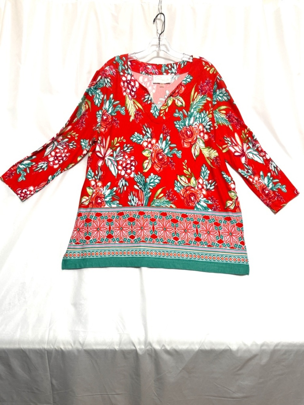 Pappagallo Floral V-Neck Border-Trim Tunic, size XL